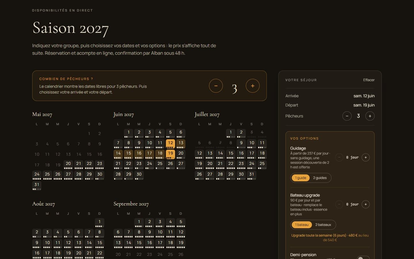 Live availability calendar for the 2027 season: a one-week stay for three anglers selected, with guiding and upgrade-boat options