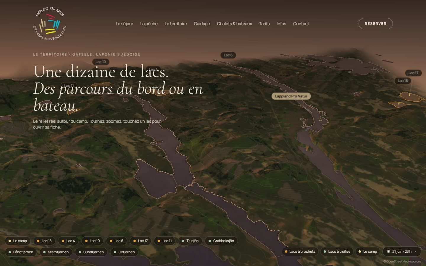 3D map of the real terrain around the camp, with pike and trout lakes that open their own detail card