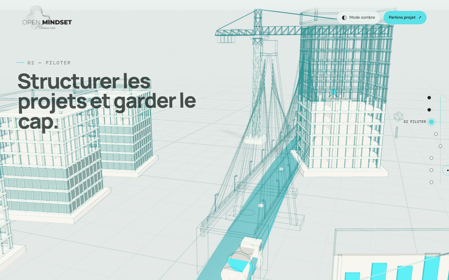 Scène « Piloter » : tours filaires, grue et pont à haubans le long de la trajectoire lumineuse
