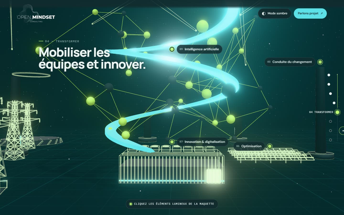 Scène « Transformer » en mode sombre : spirale lumineuse et nœuds de services cliquables, dont l’IA et la conduite du changement